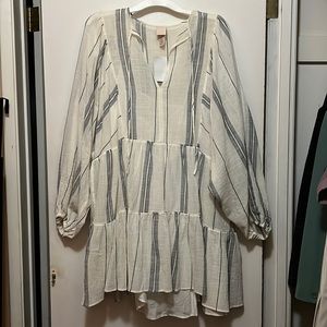 H&M striped blue white linen tent dress balloon sleeves V neck size Medium Large